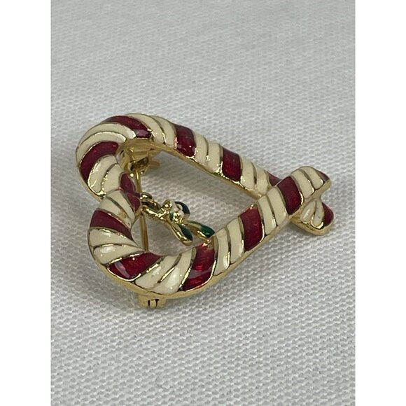 VTG Enamel Red White Gold Candy Cane Heart Dangle Holly Pin Brooch Signed GSK FS - Picture 4 of 7